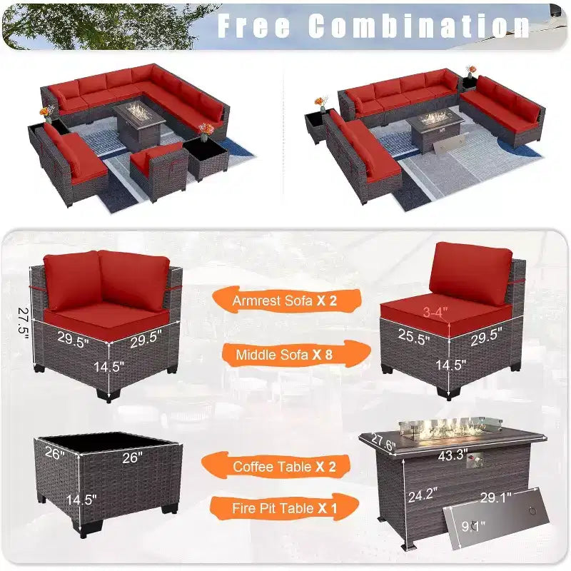 ALAULM Ensemble de mobilier de jardin 13 pièces, Ensembles de conversation d'extérieur en rotin osier, Ensemble de canapés avec table brasero à propane de 109 cm