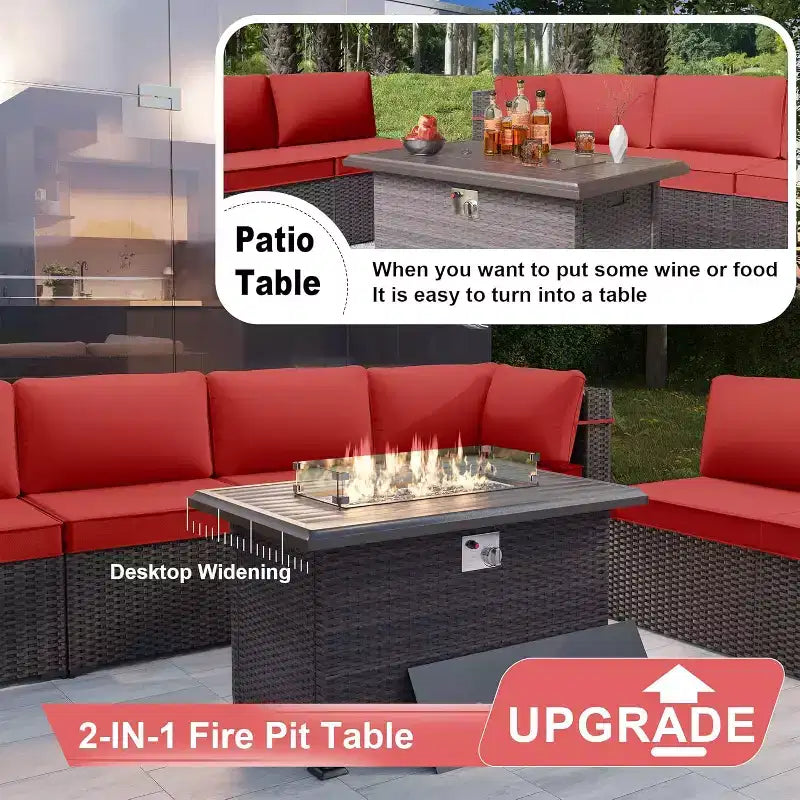 ALAULM Ensemble de mobilier de jardin 13 pièces, Ensembles de conversation d'extérieur en rotin osier, Ensemble de canapés avec table brasero à propane de 109 cm