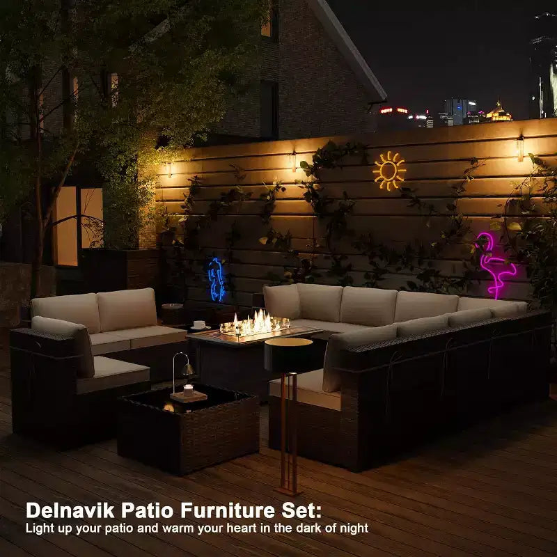 ALAULM Ensemble de mobilier de jardin 13 pièces, Ensembles de conversation d'extérieur en rotin osier, Ensemble de canapés avec table brasero à propane de 109 cm