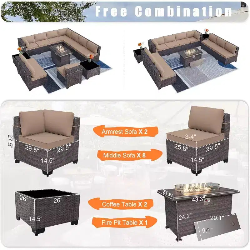 ALAULM Ensemble de mobilier de jardin 13 pièces, Ensembles de conversation d'extérieur en rotin osier, Ensemble de canapés avec table brasero à propane de 109 cm