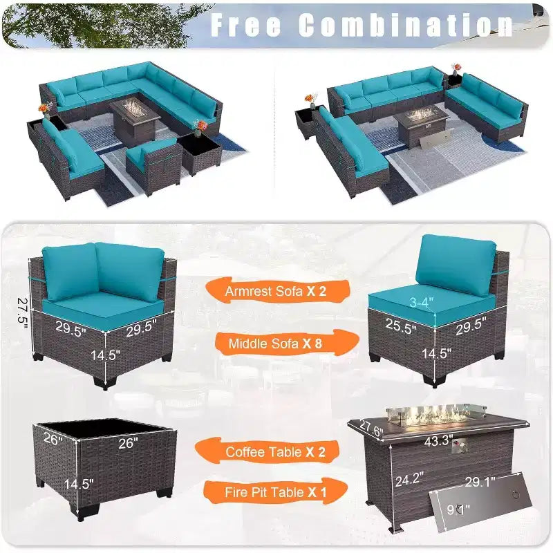 ALAULM Ensemble de mobilier de jardin 13 pièces, Ensembles de conversation d'extérieur en rotin osier, Ensemble de canapés avec table brasero à propane de 109 cm