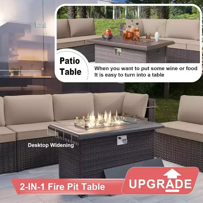 ALAULM Ensemble de mobilier de jardin 13 pièces, Ensembles de conversation d'extérieur en rotin osier, Ensemble de canapés avec table brasero à propane de 109 cm