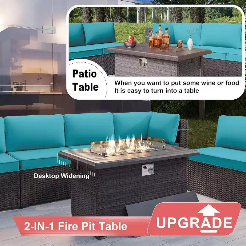 ALAULM Ensemble de mobilier de jardin 13 pièces, Ensembles de conversation d'extérieur en rotin osier, Ensemble de canapés avec table brasero à propane de 109 cm
