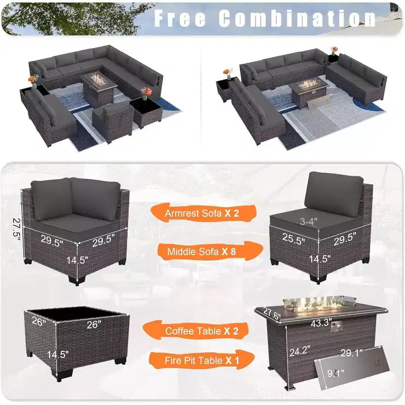 ALAULM Ensemble de mobilier de jardin 13 pièces, Ensembles de conversation d'extérieur en rotin osier, Ensemble de canapés avec table brasero à propane de 109 cm