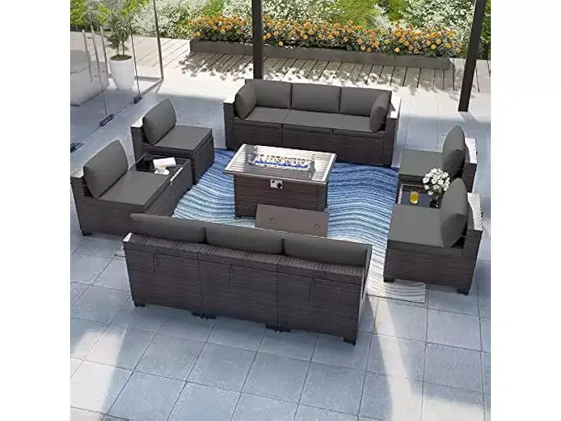ALAULM Ensemble de mobilier de jardin 13 pièces, Ensembles de conversation d'extérieur en rotin osier, Ensemble de canapés avec table brasero à propane de 109 cm