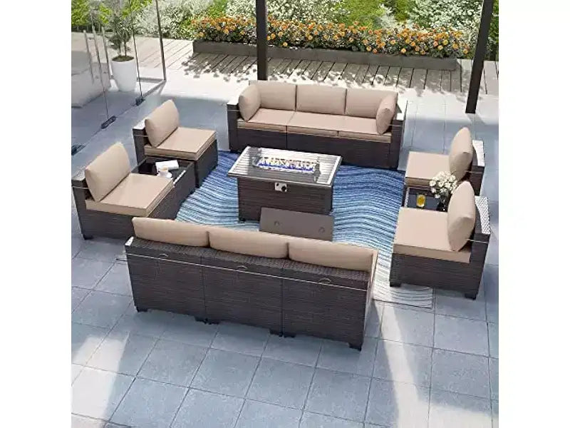 ALAULM Ensemble de mobilier de jardin 13 pièces, Ensembles de conversation d'extérieur en rotin osier, Ensemble de canapés avec table brasero à propane de 109 cm