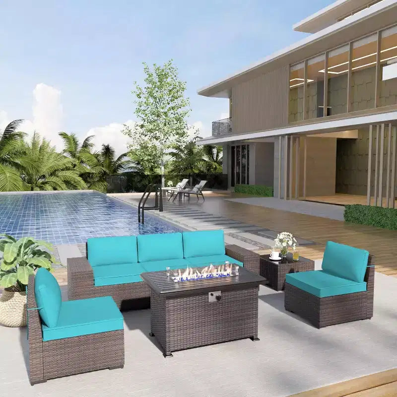 ALAULM Ensemble de mobilier de patio 7 pièces, salons de jardin en rotin tressé, ensemble de canapés avec table brasero à propane de 43 pouces