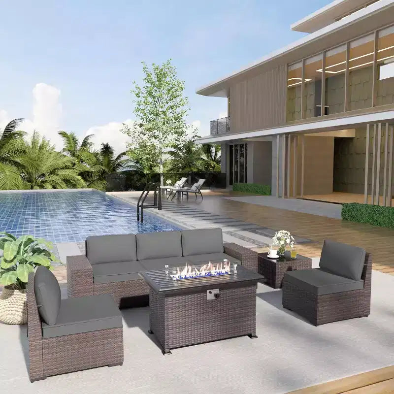 ALAULM Ensemble de mobilier de patio 7 pièces, salons de jardin en rotin tressé, ensemble de canapés avec table brasero à propane de 43 pouces