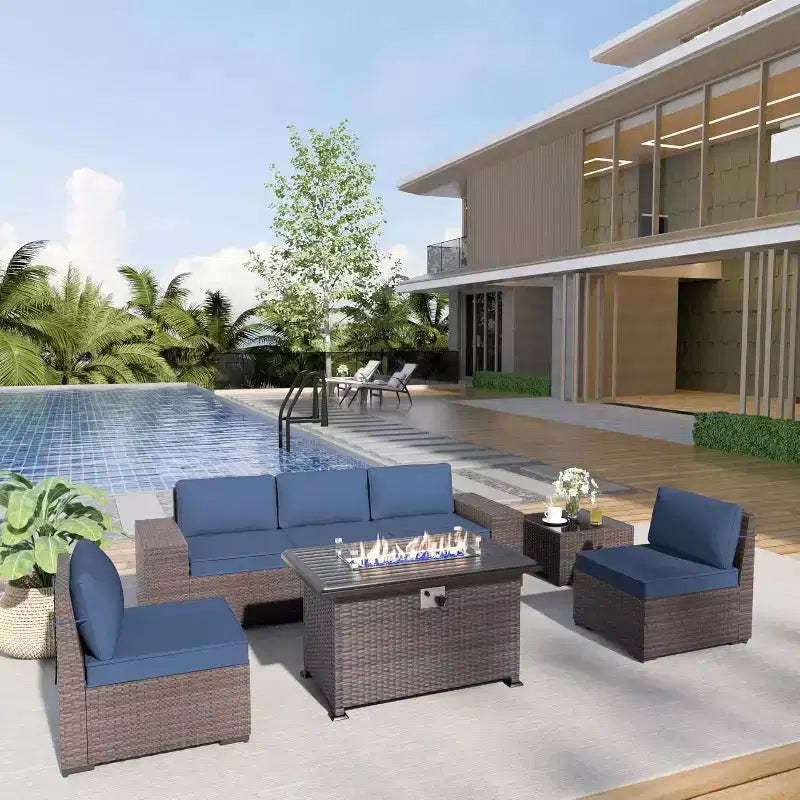 ALAULM Ensemble de mobilier de patio 7 pièces, salons de jardin en rotin tressé, ensemble de canapés avec table brasero à propane de 43 pouces