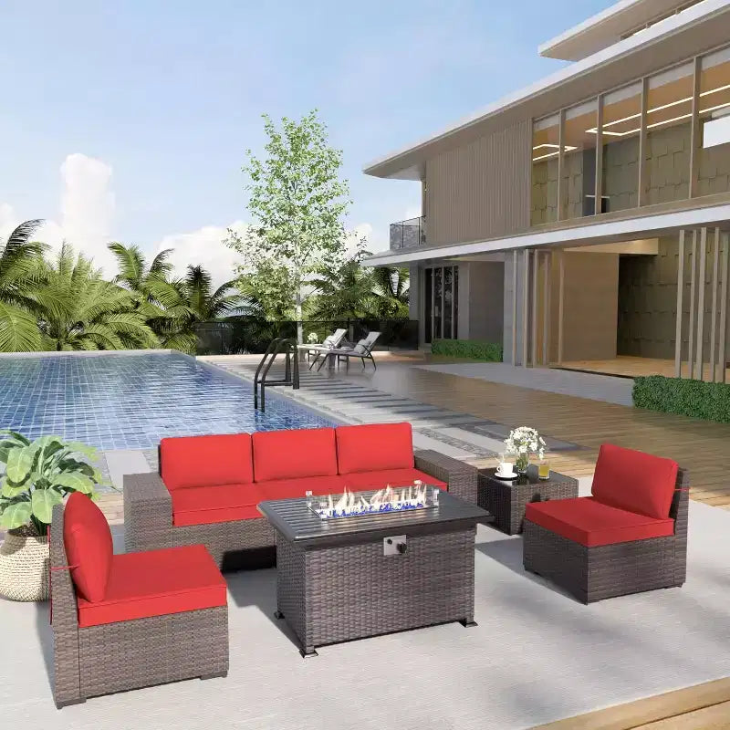 ALAULM Ensemble de mobilier de patio 7 pièces, salons de jardin en rotin tressé, ensemble de canapés avec table brasero à propane de 43 pouces