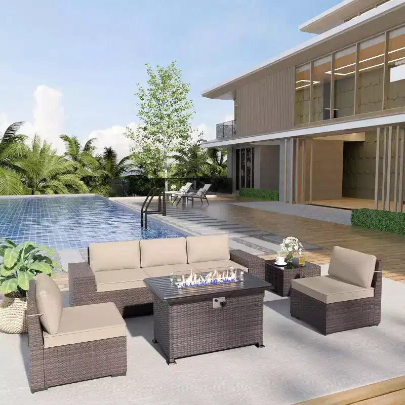 ALAULM Ensemble de mobilier de patio 7 pièces, salons de jardin en rotin tressé, ensemble de canapés avec table brasero à propane de 43 pouces