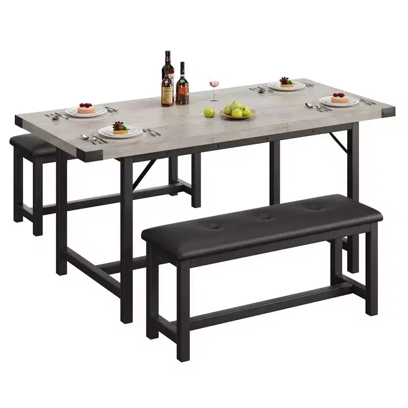 Ensemble de table à manger 3 pièces, Table de cuisine extensible avec 2 bancs, Ensemble de salle à manger en bois pour 4 à 6 personnes, Ensemble dinette peu encombrant pour maison, appartement