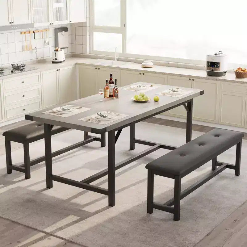 Ensemble de table à manger 3 pièces, Table de cuisine extensible avec 2 bancs, Ensemble de salle à manger en bois pour 4 à 6 personnes, Ensemble dinette peu encombrant pour maison, appartement