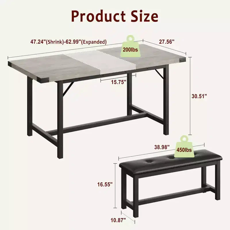 Ensemble de table à manger 3 pièces, Table de cuisine extensible avec 2 bancs, Ensemble de salle à manger en bois pour 4 à 6 personnes, Ensemble dinette peu encombrant pour maison, appartement