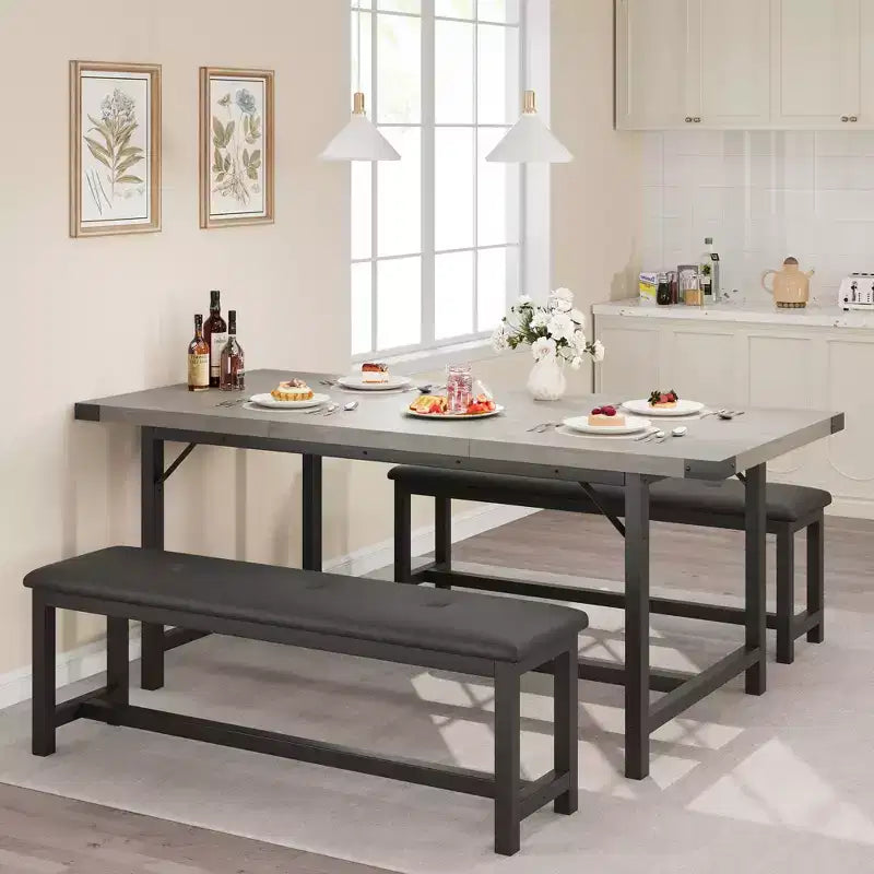 Ensemble de table à manger 3 pièces, Table de cuisine extensible avec 2 bancs, Ensemble de salle à manger en bois pour 4 à 6 personnes, Ensemble dinette peu encombrant pour maison, appartement