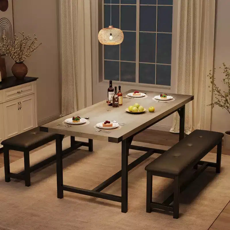 Ensemble de table à manger 3 pièces, Table de cuisine extensible avec 2 bancs, Ensemble de salle à manger en bois pour 4 à 6 personnes, Ensemble dinette peu encombrant pour maison, appartement