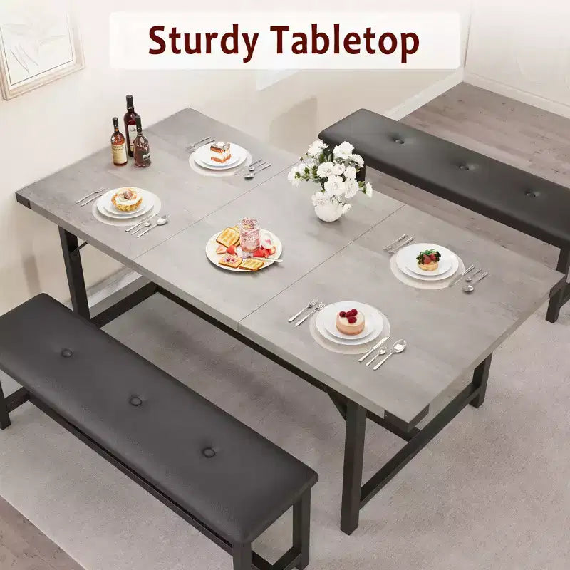 Ensemble de table à manger 3 pièces, Table de cuisine extensible avec 2 bancs, Ensemble de salle à manger en bois pour 4 à 6 personnes, Ensemble dinette peu encombrant pour maison, appartement