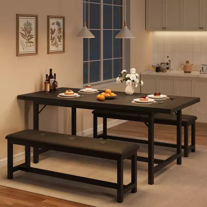 Ensemble de table à manger 3 pièces, Table de cuisine extensible avec 2 bancs, Ensemble de salle à manger en bois pour 4 à 6 personnes, Ensemble dinette peu encombrant pour maison, appartement