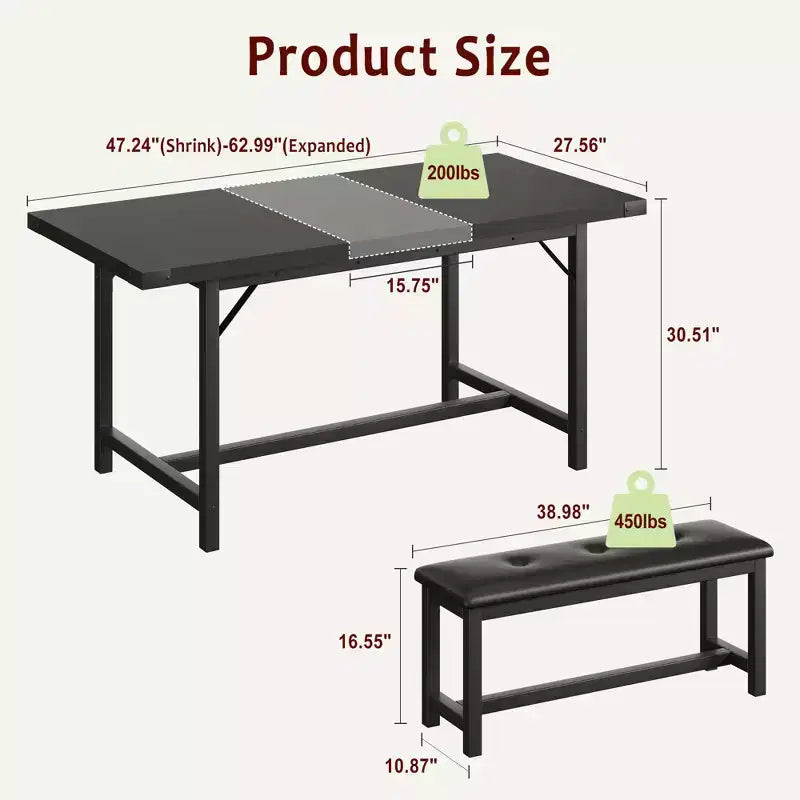 Ensemble de table à manger 3 pièces, Table de cuisine extensible avec 2 bancs, Ensemble de salle à manger en bois pour 4 à 6 personnes, Ensemble dinette peu encombrant pour maison, appartement