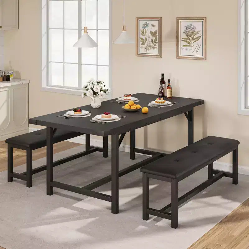 Ensemble de table à manger 3 pièces, Table de cuisine extensible avec 2 bancs, Ensemble de salle à manger en bois pour 4 à 6 personnes, Ensemble dinette peu encombrant pour maison, appartement