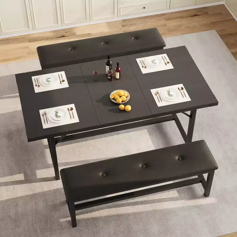 Ensemble de table à manger 3 pièces, Table de cuisine extensible avec 2 bancs, Ensemble de salle à manger en bois pour 4 à 6 personnes, Ensemble dinette peu encombrant pour maison, appartement