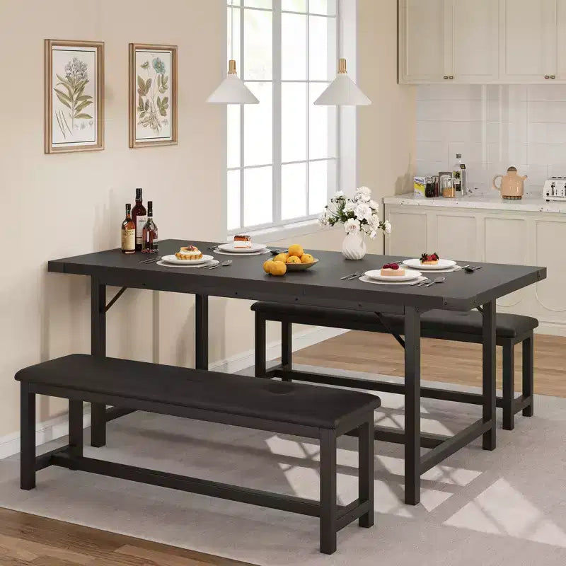 Ensemble de table à manger 3 pièces, Table de cuisine extensible avec 2 bancs, Ensemble de salle à manger en bois pour 4 à 6 personnes, Ensemble dinette peu encombrant pour maison, appartement