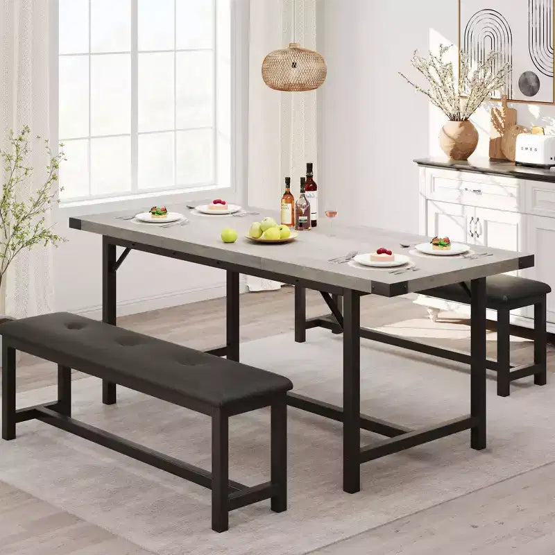 Ensemble de table à manger 3 pièces, Table de cuisine extensible avec 2 bancs, Ensemble de salle à manger en bois pour 4 à 6 personnes, Ensemble dinette peu encombrant pour maison, appartement