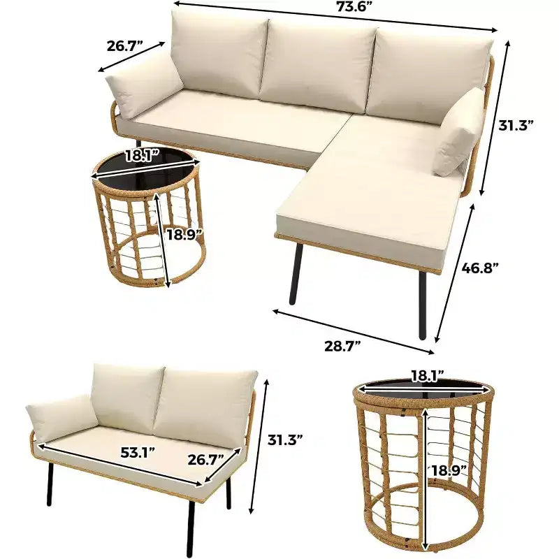 Acekool Salon de jardin 3 pièces en rotin beige, canapé d'angle en L avec chaise longue, coussins épais et table basse en verre trempé pour terrasse, bord de piscine, jardin, porche