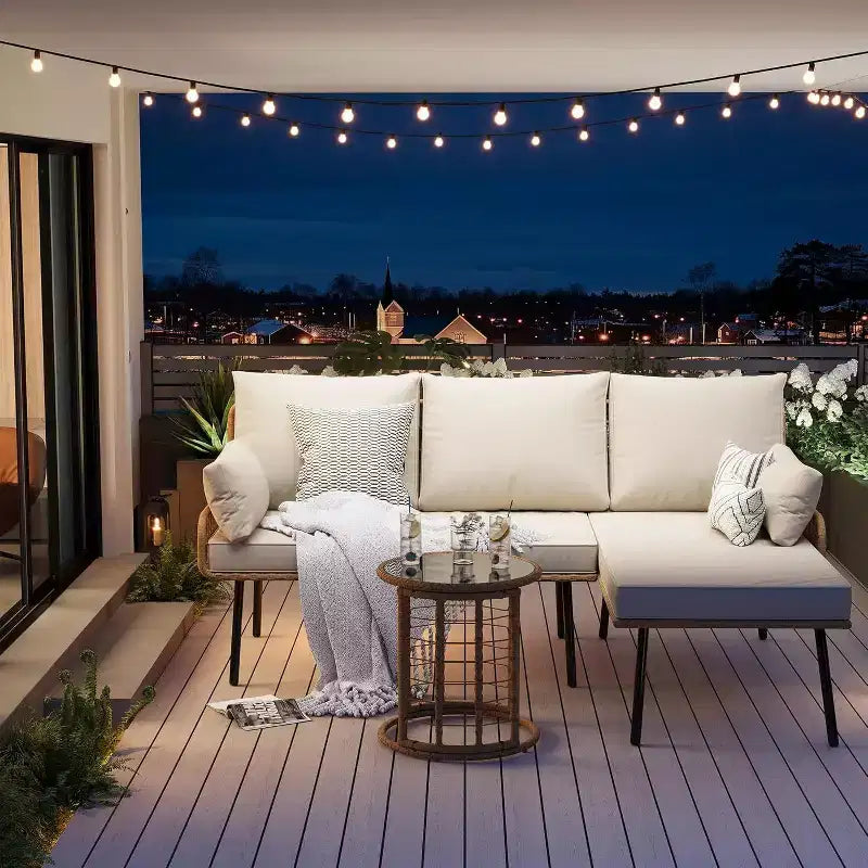 Acekool Salon de jardin 3 pièces en rotin beige, canapé d'angle en L avec chaise longue, coussins épais et table basse en verre trempé pour terrasse, bord de piscine, jardin, porche