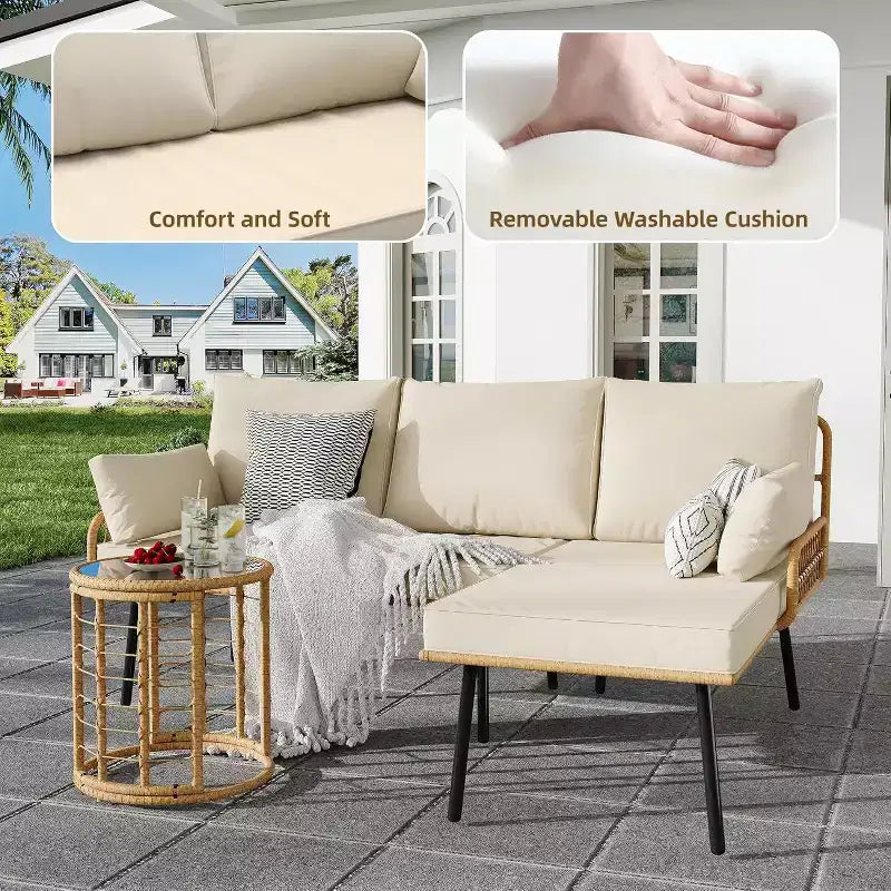 Acekool Salon de jardin 3 pièces en rotin beige, canapé d'angle en L avec chaise longue, coussins épais et table basse en verre trempé pour terrasse, bord de piscine, jardin, porche