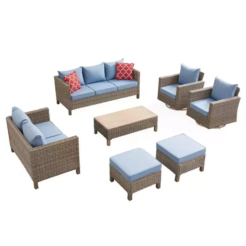 Ensemble de conversation d'extérieur 7 pièces avec fauteuils pivotants et table basse