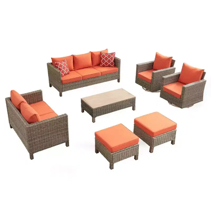 Ensemble de conversation d'extérieur 7 pièces avec fauteuils pivotants et table basse