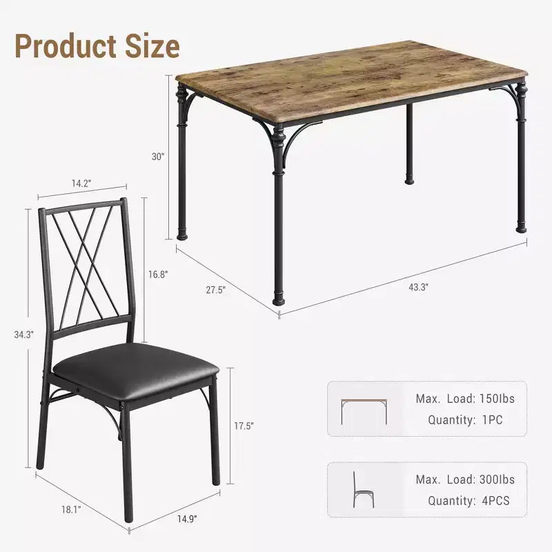 CuisinSmart Ensemble de salle à manger 5 pièces, Table et chaises de cuisine, Ensemble de meubles de salle à manger rectangulaire en métal et bois pour l'intérieur