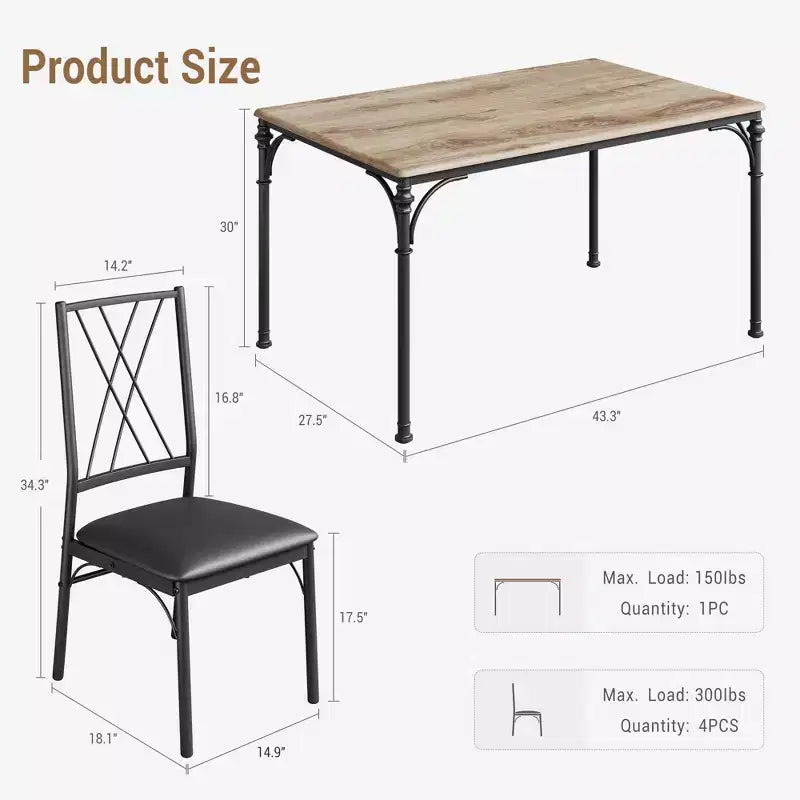 CuisinSmart Ensemble de salle à manger 5 pièces, Table et chaises de cuisine, Ensemble de meubles de salle à manger rectangulaire en métal et bois pour l'intérieur