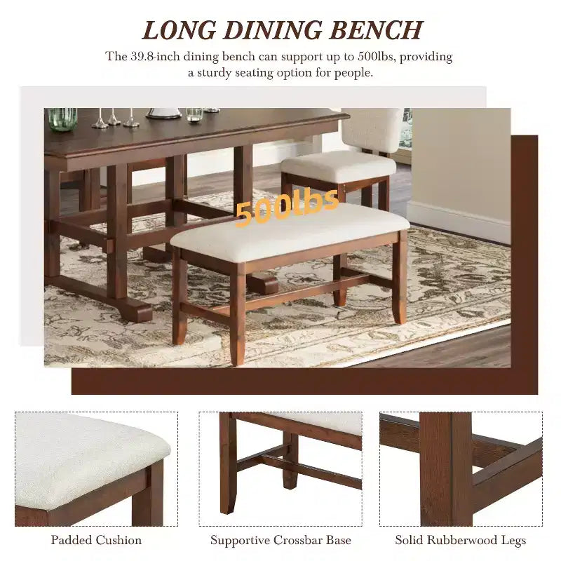 ModernLuxe Ensemble de salle à manger extensible 6 pièces pour 6 personnes, ensemble de salle à manger traditionnel avec table de cuisine, 4 chaises de salle à manger rembourrées et banc, Espresso+Beige