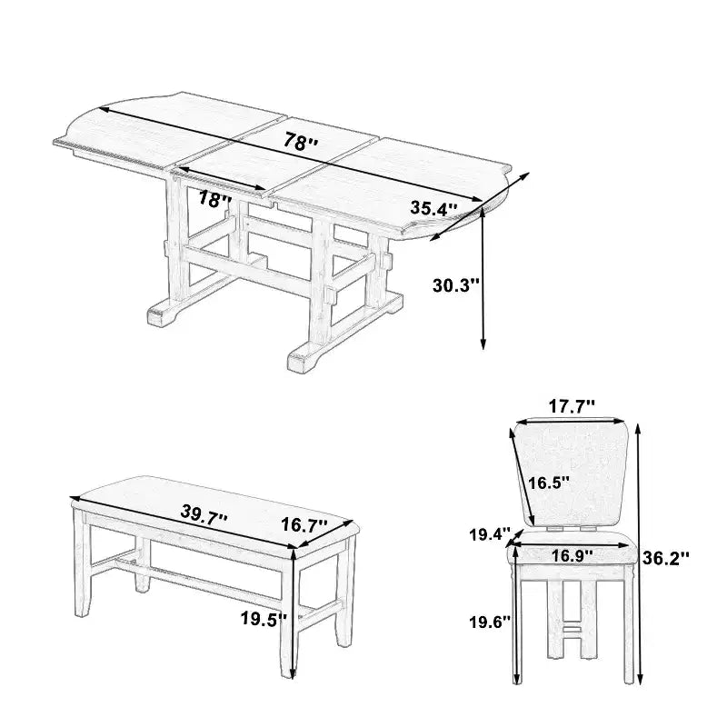ModernLuxe Ensemble de salle à manger extensible 6 pièces pour 6 personnes, ensemble de salle à manger traditionnel avec table de cuisine, 4 chaises de salle à manger rembourrées et banc, Espresso+Beige