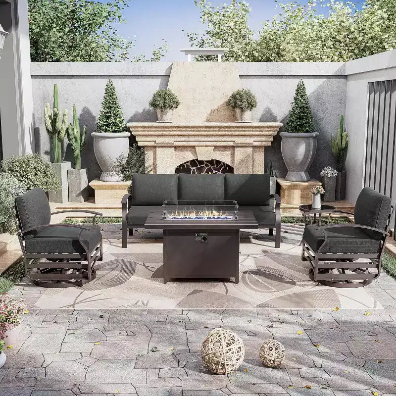 Ensemble de mobilier de patio en aluminium ALAULM, ensembles de conversation extérieurs modernes en métal avec table de foyer au propane 45, chaises berçantes pivotantes