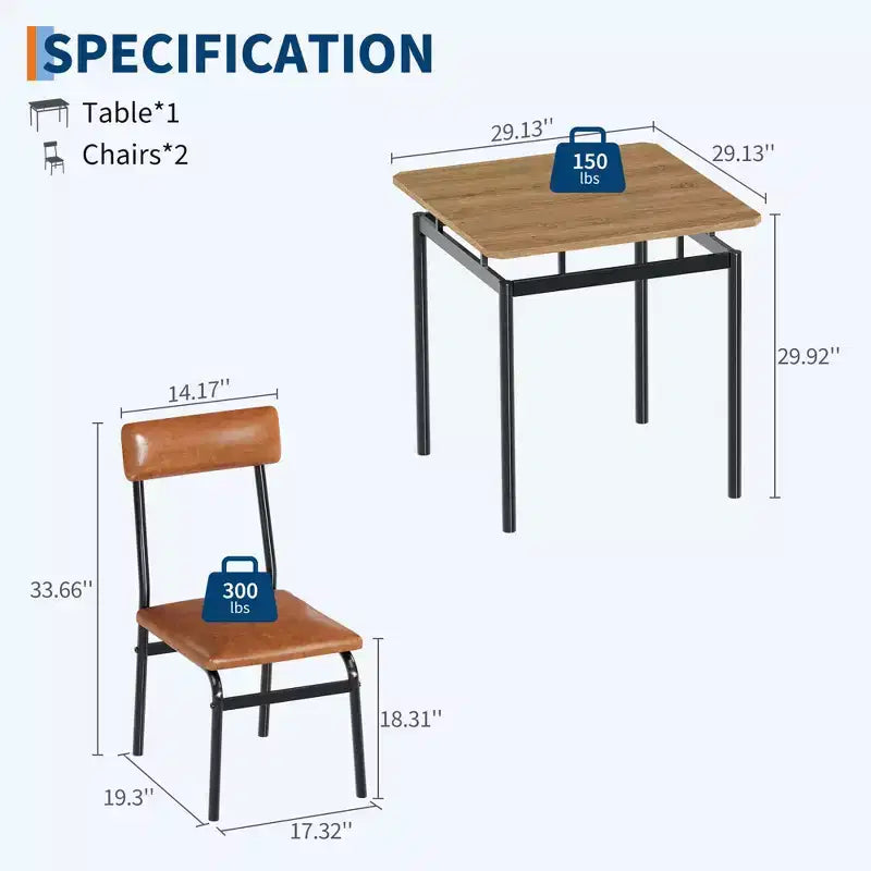 Ensemble table de salle à manger 3 pièces, avec 2 chaises rembourrées en PU