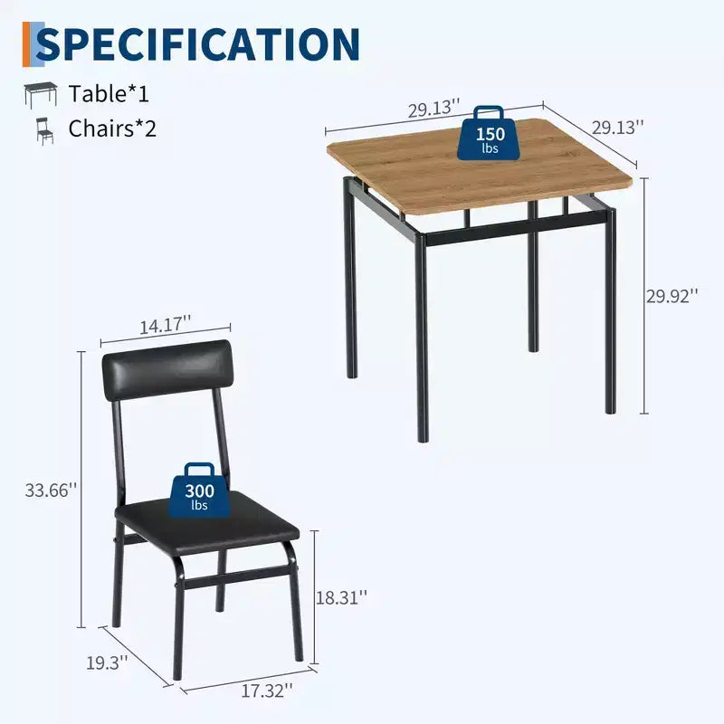 Ensemble table de salle à manger 3 pièces, avec 2 chaises rembourrées en PU
