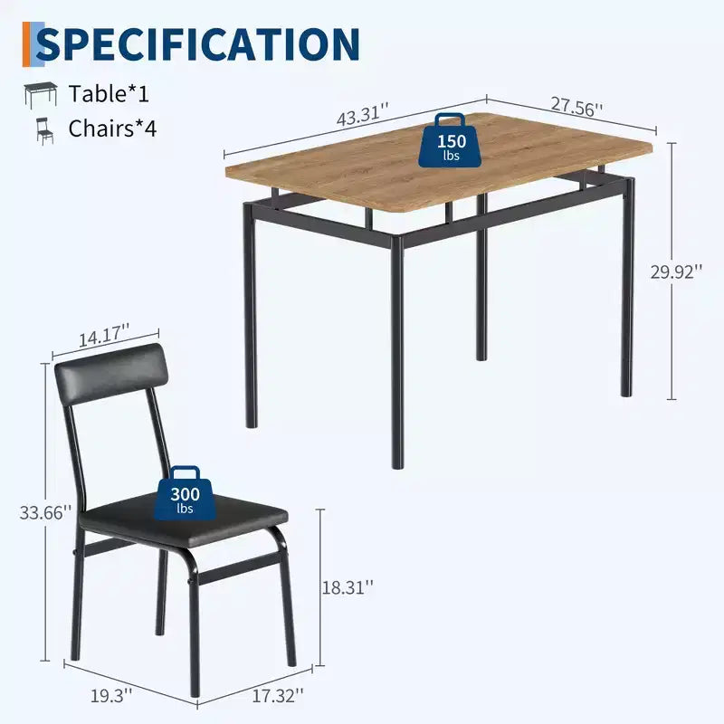 Ensemble de salle à manger 5 pièces, avec 4 chaises rembourrées en PU