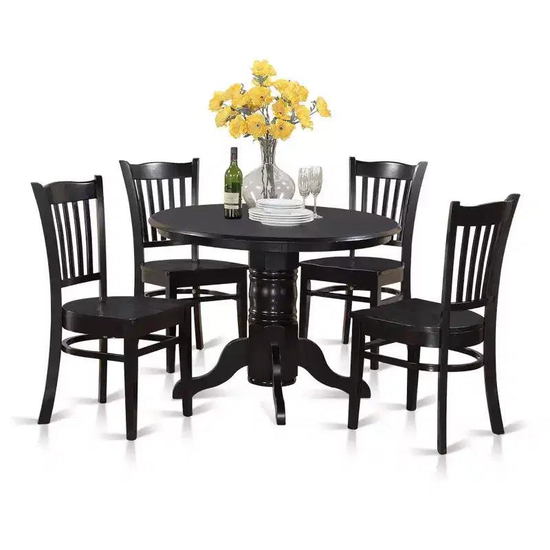HomeStock Belmont Ensemble de 5 Pièces Table et Chaises de Cuisine Comprend une Table Ronde de Salle à Manger, un Pied Central, 4 Chaises à Assise en Bois Massif, 107x107 cm, Blanc Lin