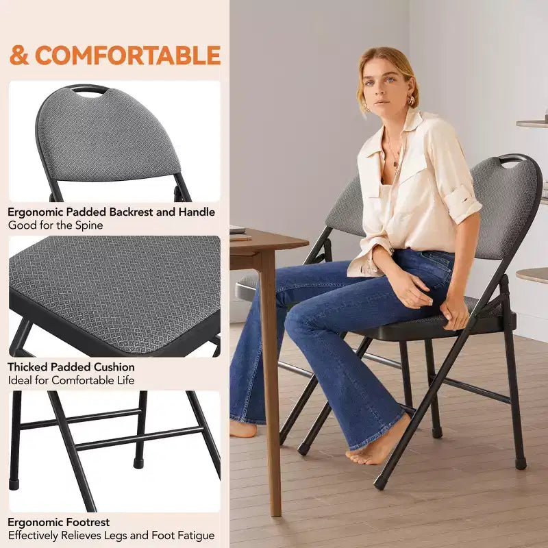 Lot de 4 Chaises Pliantes Rembourrées en Tissu, Chaise Pliante Commerciale en Métal avec Dossier Rembourré, Capacité de Poids de 158 kg, Chaise Pliante Confortable