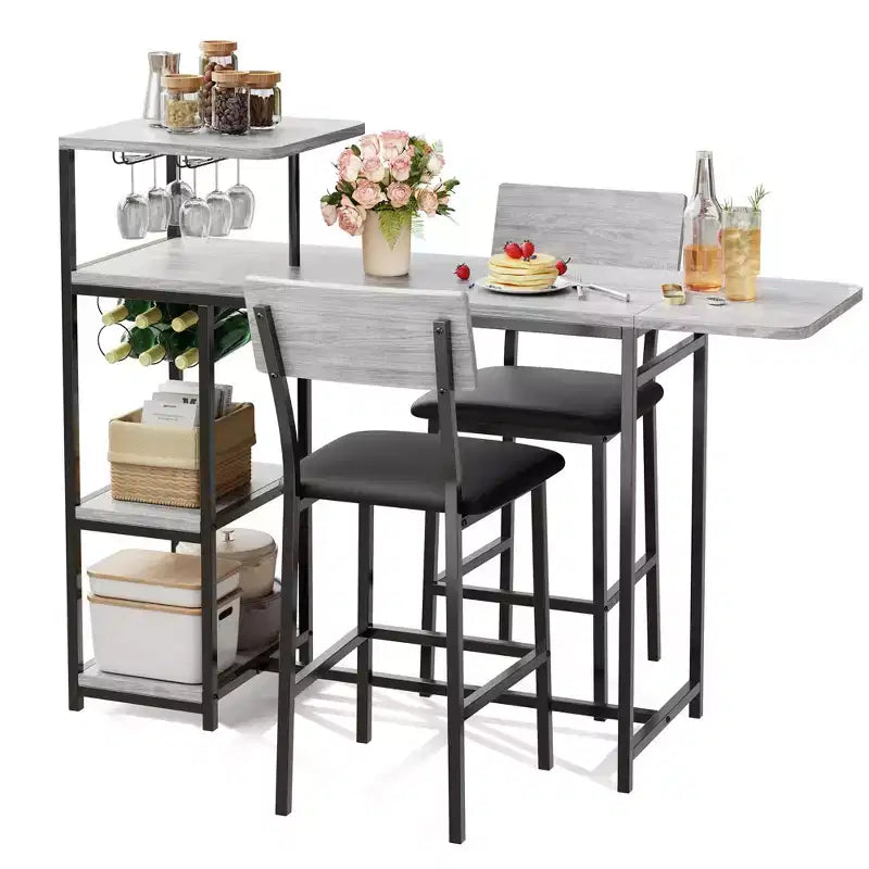 Ensemble de 3 pièces de table de bar pour 2, table de salle à manger de cuisine extensible avec 2 tabourets, ensemble de table et chaises de bar hauteur comptoir avec étagère de rangement et porte-bouteilles