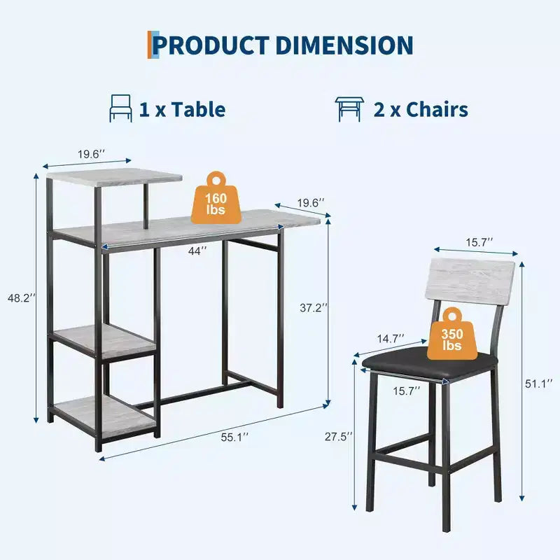 Ensemble de 3 pièces de table de bar pour 2, table de salle à manger de cuisine extensible avec 2 tabourets, ensemble de table et chaises de bar hauteur comptoir avec étagère de rangement et porte-bouteilles