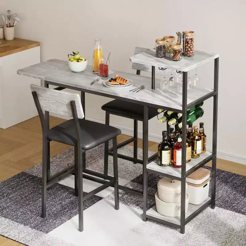 Ensemble de 3 pièces de table de bar pour 2, table de salle à manger de cuisine extensible avec 2 tabourets, ensemble de table et chaises de bar hauteur comptoir avec étagère de rangement et porte-bouteilles