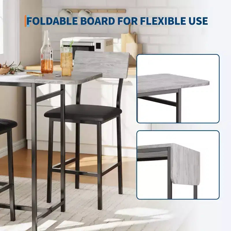 Ensemble de 3 pièces de table de bar pour 2, table de salle à manger de cuisine extensible avec 2 tabourets, ensemble de table et chaises de bar hauteur comptoir avec étagère de rangement et porte-bouteilles
