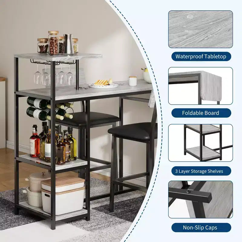 Ensemble de 3 pièces de table de bar pour 2, table de salle à manger de cuisine extensible avec 2 tabourets, ensemble de table et chaises de bar hauteur comptoir avec étagère de rangement et porte-bouteilles