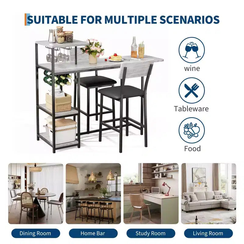 Ensemble de 3 pièces de table de bar pour 2, table de salle à manger de cuisine extensible avec 2 tabourets, ensemble de table et chaises de bar hauteur comptoir avec étagère de rangement et porte-bouteilles