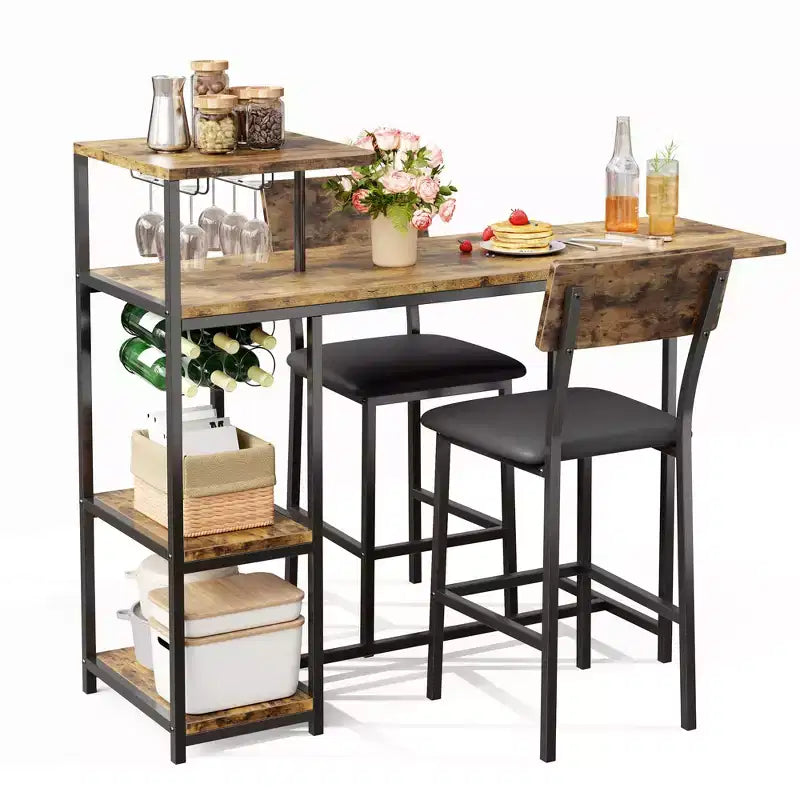 Ensemble de 3 pièces de table de bar pour 2, table de salle à manger de cuisine extensible avec 2 tabourets, ensemble de table et chaises de bar hauteur comptoir avec étagère de rangement et porte-bouteilles