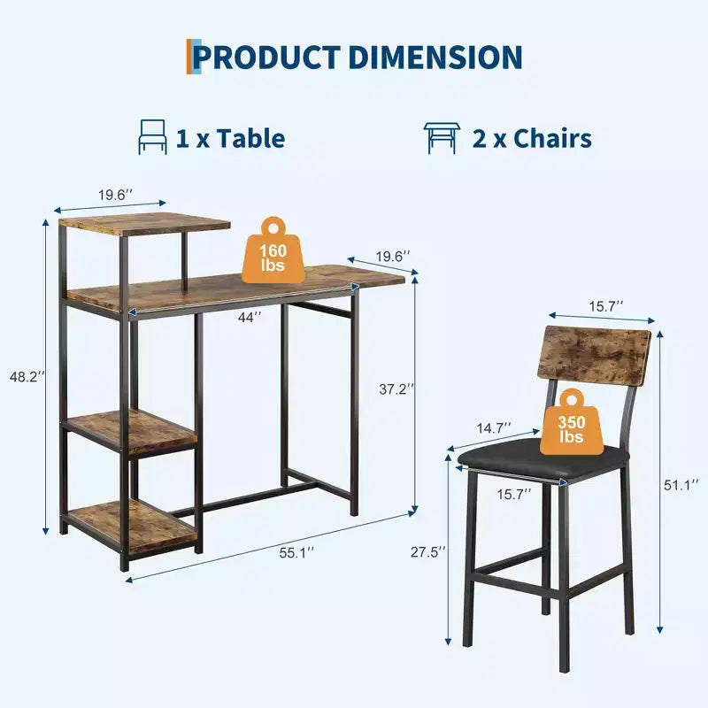 Ensemble de 3 pièces de table de bar pour 2, table de salle à manger de cuisine extensible avec 2 tabourets, ensemble de table et chaises de bar hauteur comptoir avec étagère de rangement et porte-bouteilles